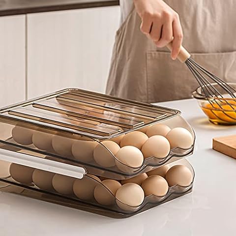 Egg Holder Container For Refrigerator CooSilo Automatic Rolling Double-Layer Egg Storage Box Rack with Lid Large Capacity 36 Count Fridge Egg Organizer Bin Egg Tray for Household 